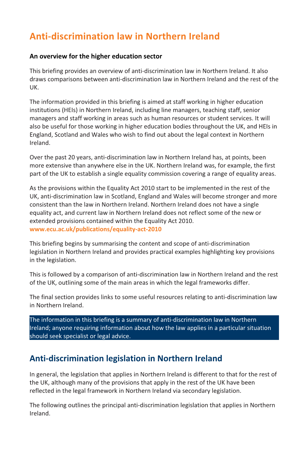 Anti-Discrimination Law in Northern Ireland