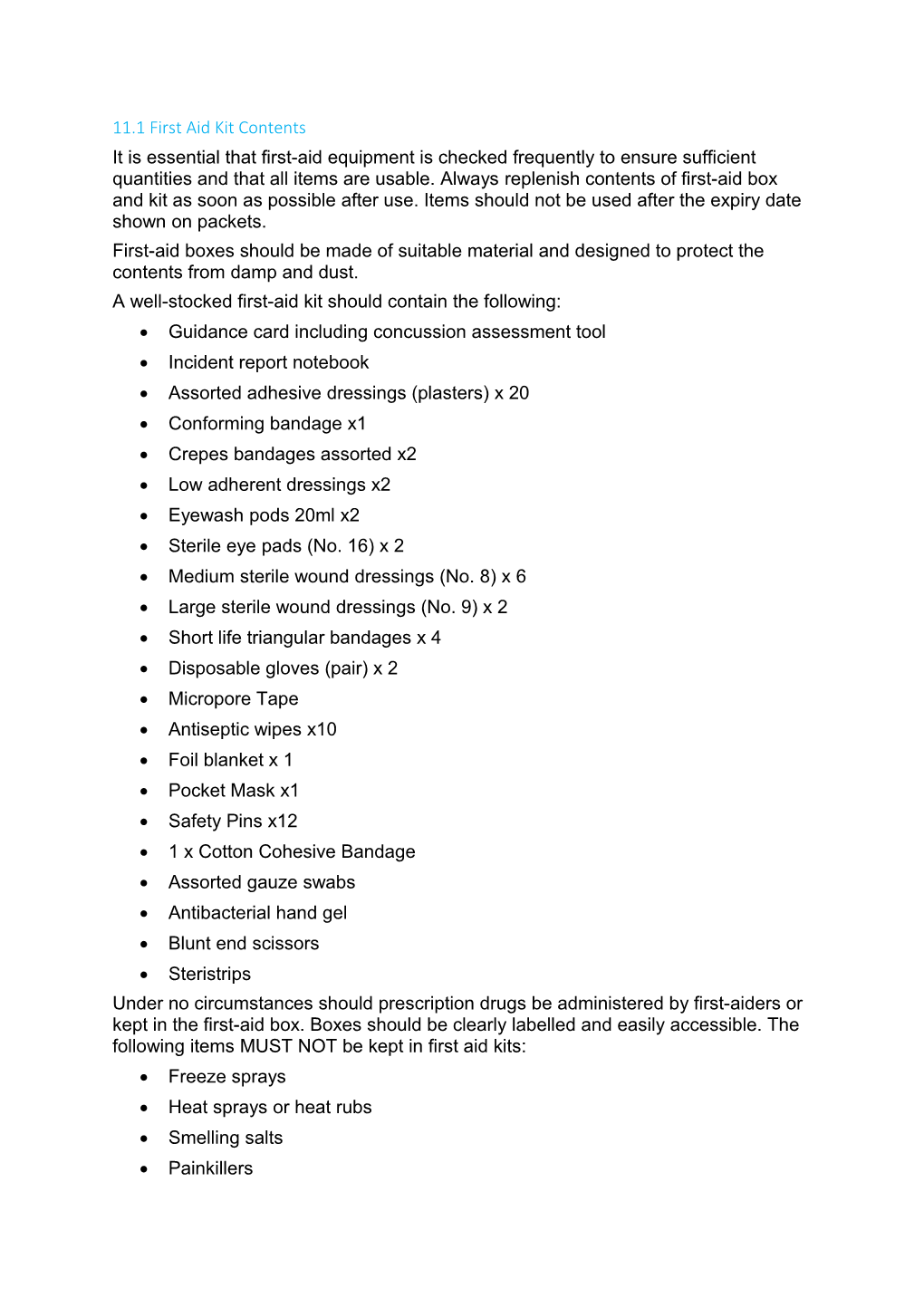 11.1 First Aid Kit Contents