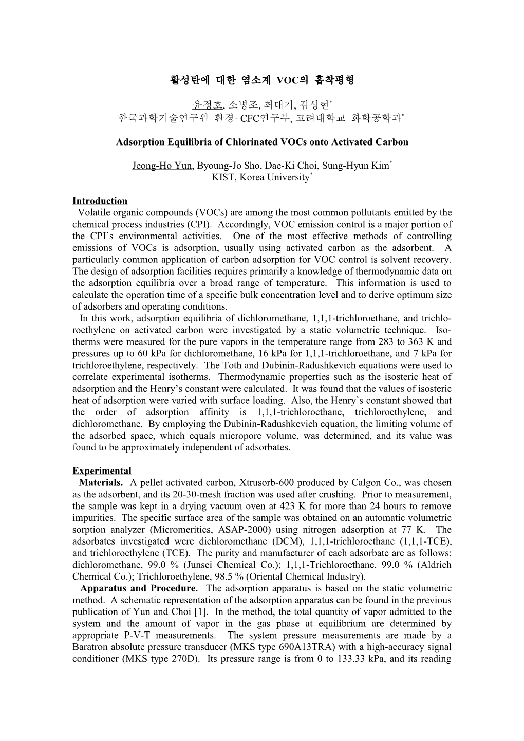 Adsorption Equilibria of Chlorinated Vocs Onto Activated Carbon