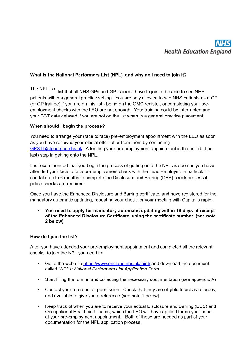 Requirements for the National Performers List (NPL)