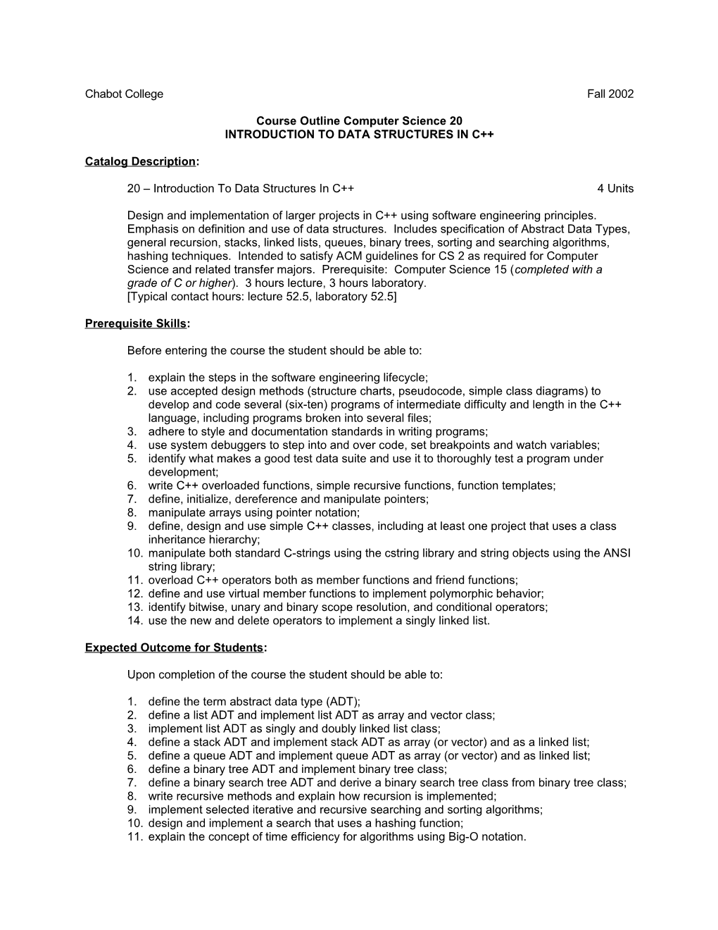 Course Outline Computer Science 20