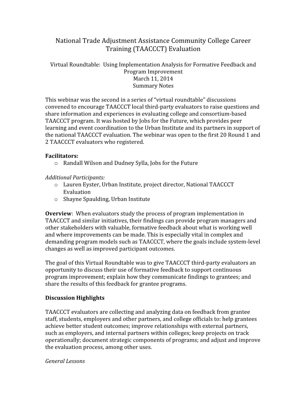 National TAACCCT Evaluation: Virtual Roundtable with 3Rd Party Evaluators