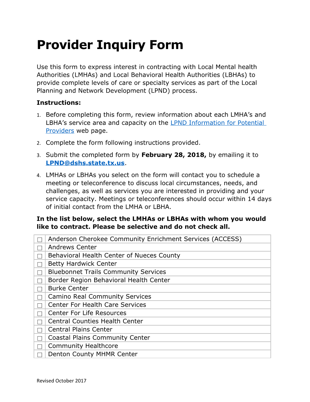 Provider Inquiry Form