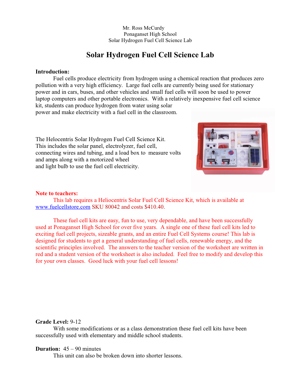 Solar Hydrogen Fuel Cell Science Lab