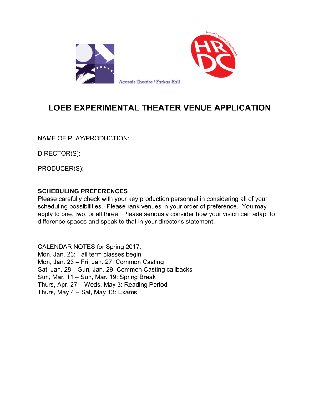 Loeb Experimental Theater Venue Application