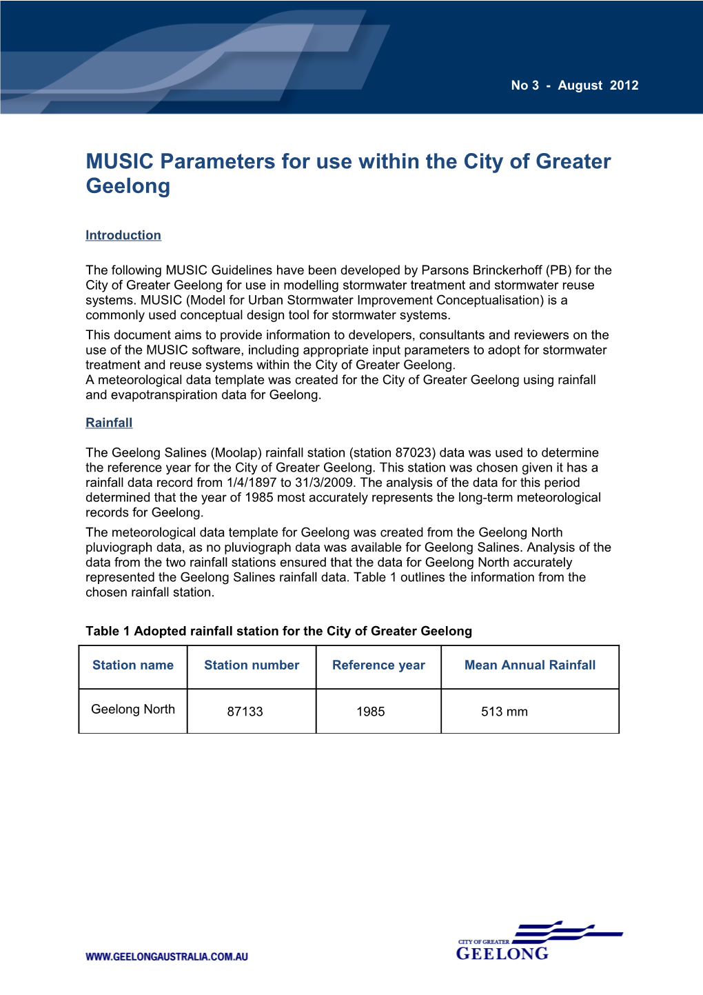 MUSIC Parameters for Use Within the City of Greater Geelong