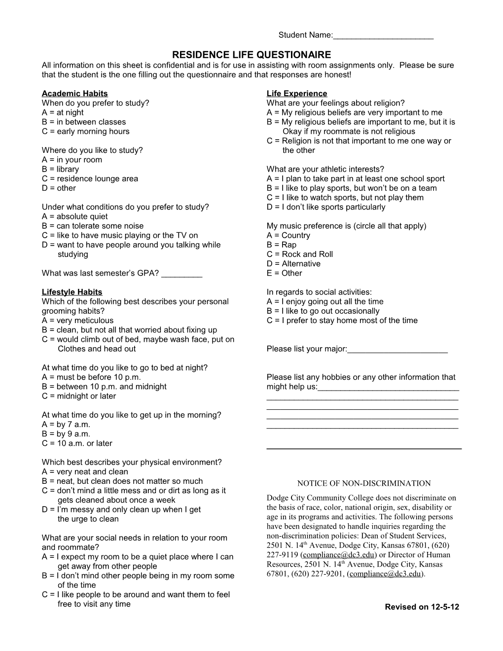 Residence Life Questionaire