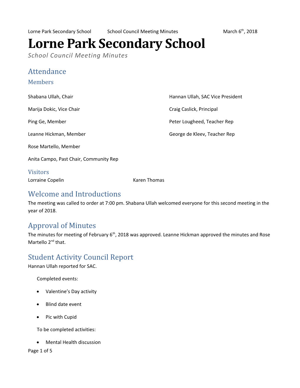 Lorne Park Secondary Schoolschool Council Meeting Minutesmarch 6Th, 2018