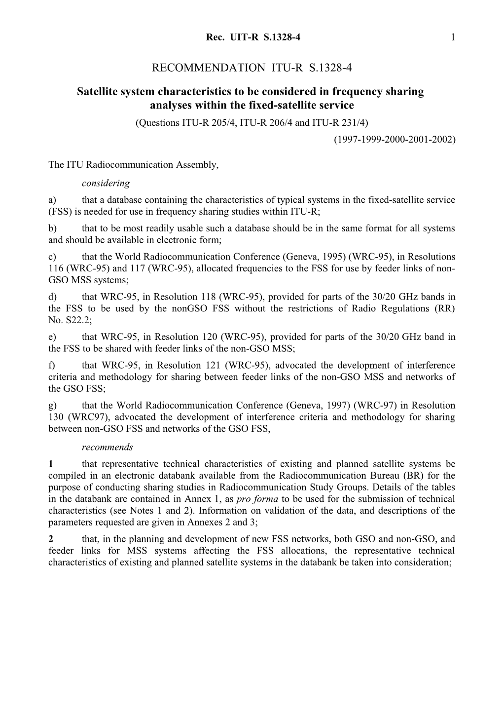 RECOMMENDATION ITU-R S.1328-4 - Satellite System Characteristics to Be Considered in Frequency