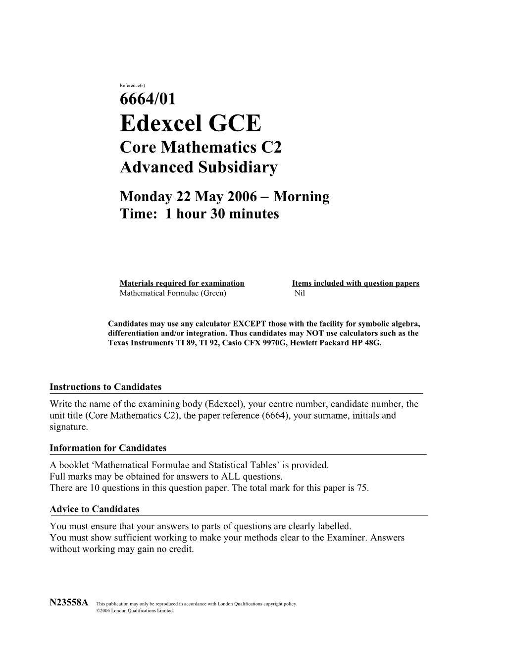 June 2006 - 6664 Core C2 - Question Paper