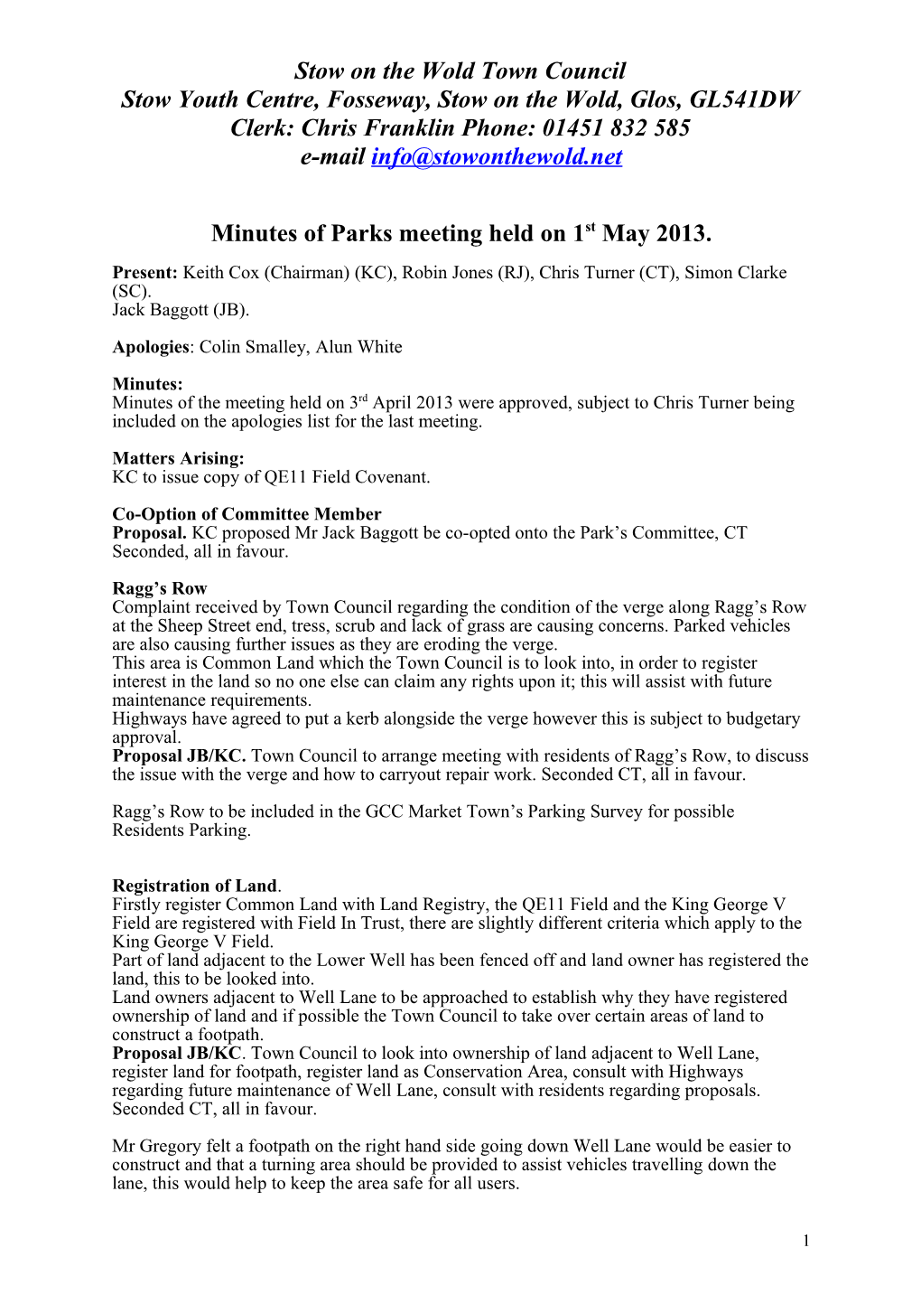 Minutes of the Parks Meeting Held on 8Th May 2010 at the Council Offices