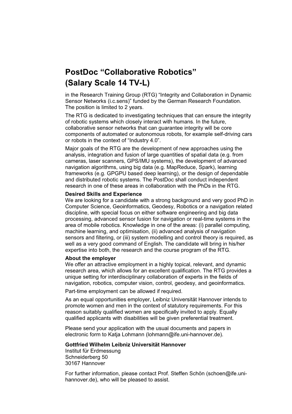 Postdoc Collaborative Robotics (Salary Scale 14 TV-L)