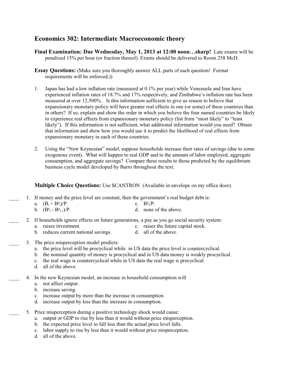 Economics 302: Intermediate Macroeconomic Theory