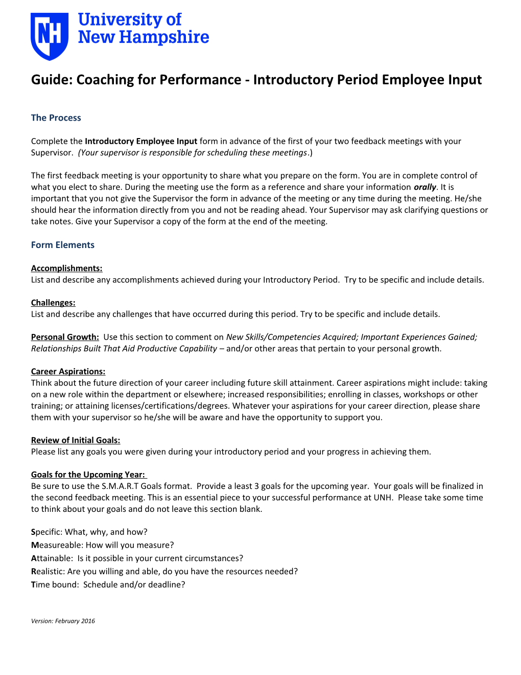 Guide: Coaching for Performance - Introductory Period Employee Input
