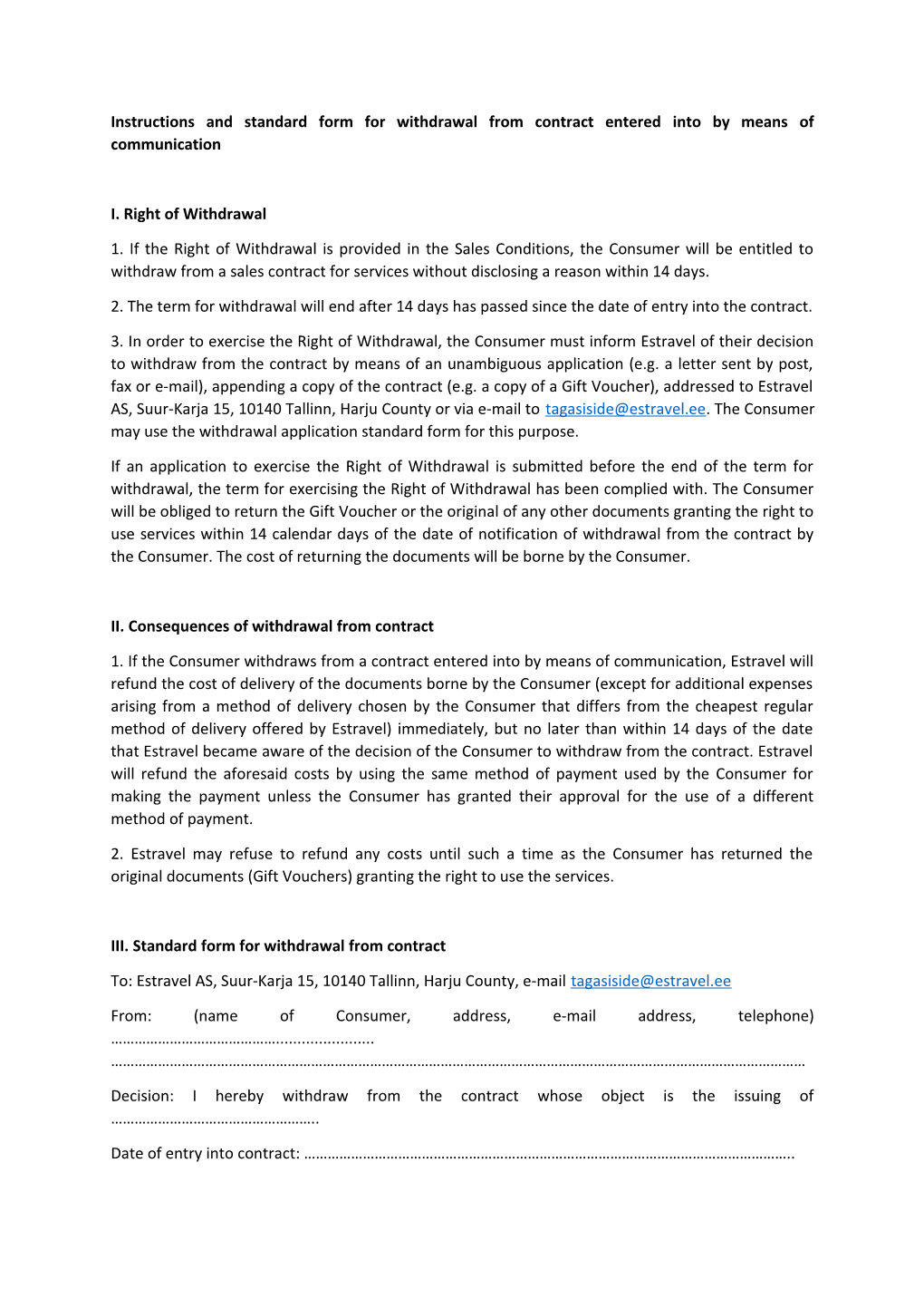 Instructions and Standard Form for Withdrawal from Contract Entered Into by Means Of