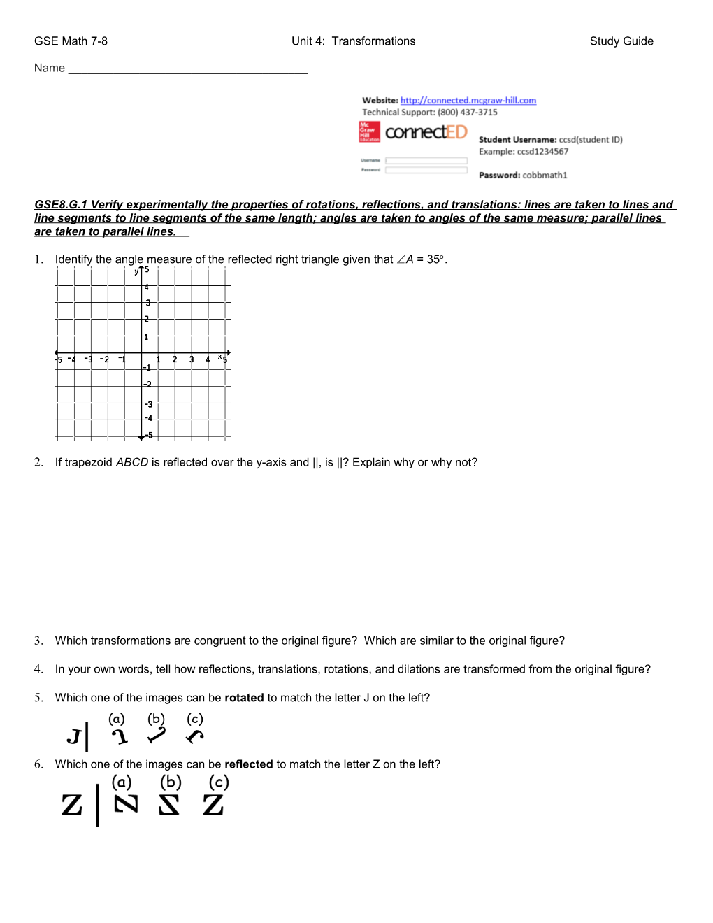 GSE Math 7-8 Unit 4: Transformations Study Guide