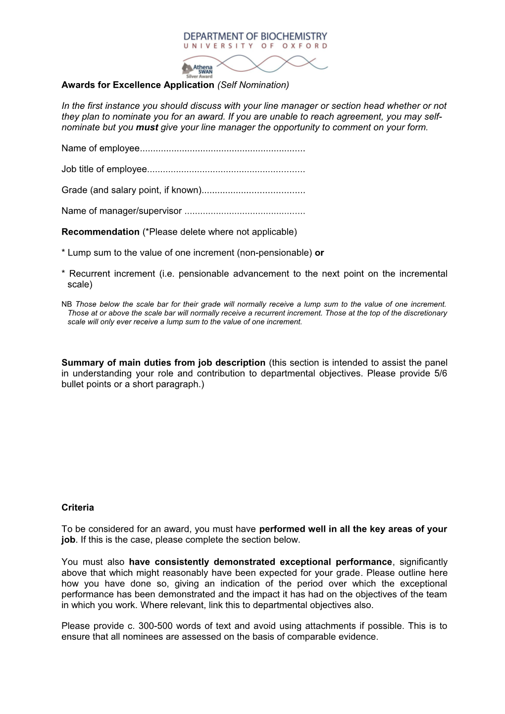 Awards for Excellence Application (Selfnomination)