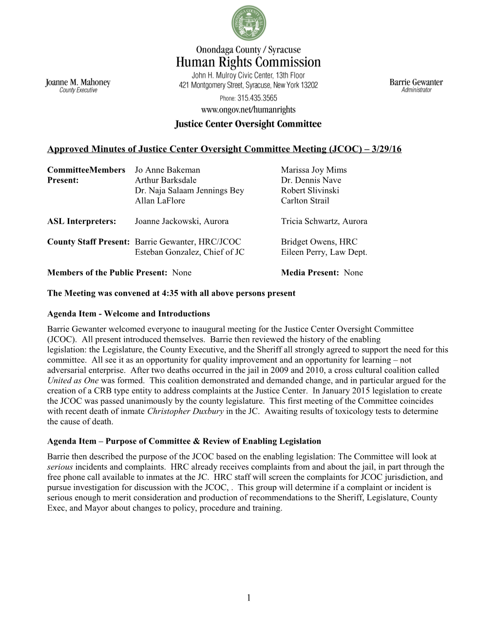 Approved Minutes of Justice Center Oversight Committee Meeting (JCOC) 3/29/16