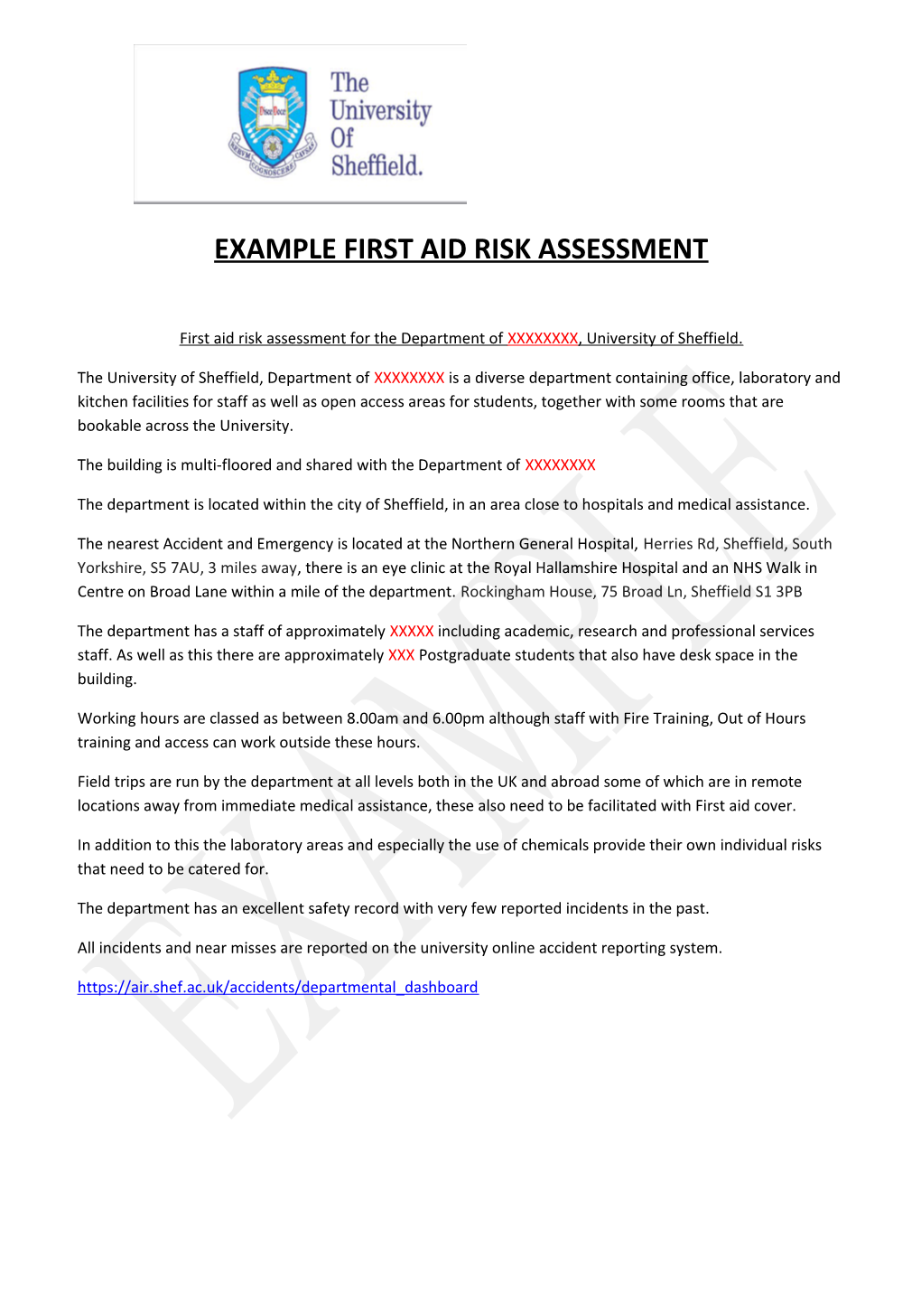 Example First Aid Risk Assessment