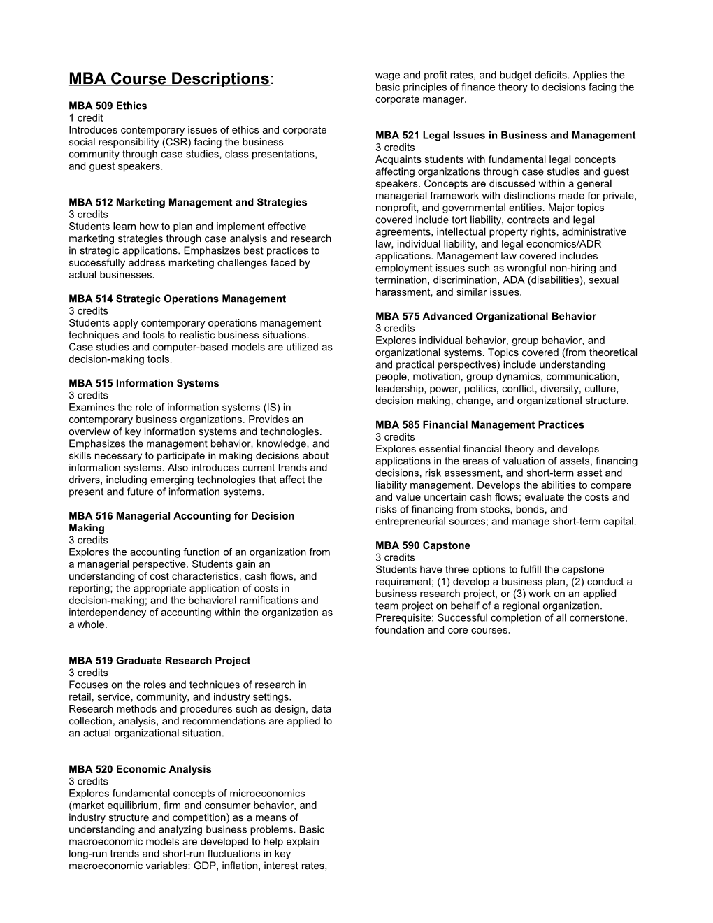 Saturday MBA Tentative Course Plan