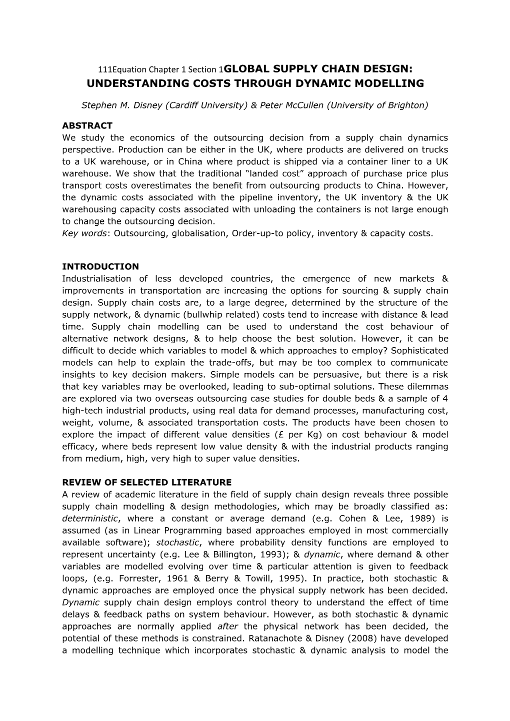 Global Supply Chain Design: Understanding Costs Through Dynamic Modelling