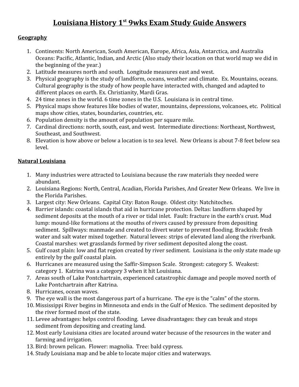 Louisiana History 1St 9Wks Exam Study Guide Answers