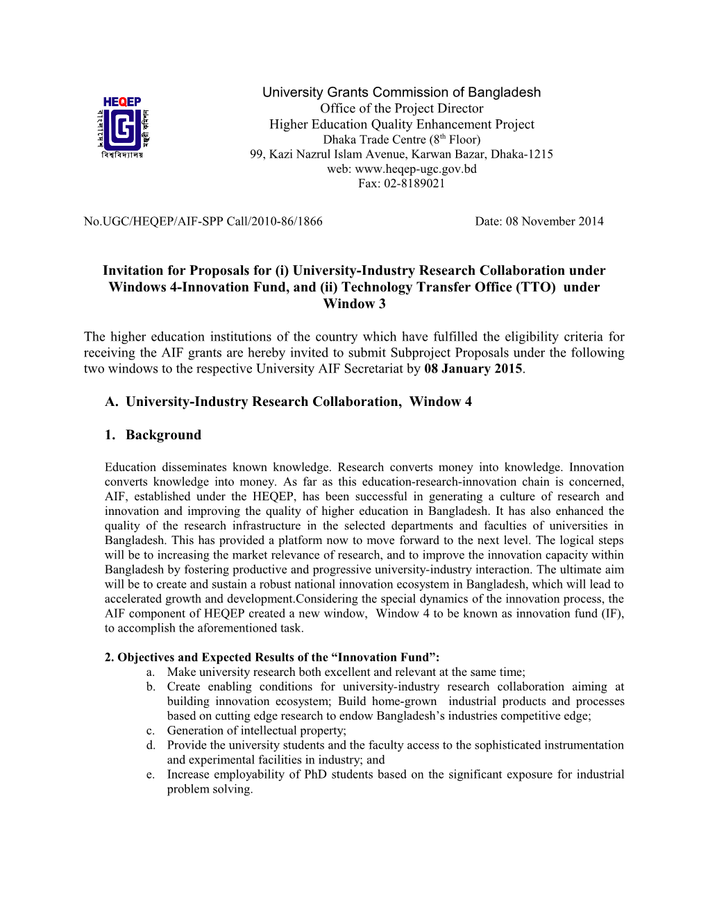 No.UGC/HEQEP/AIF-SPP Call/2010-86/1866 Date: 08 November 2014