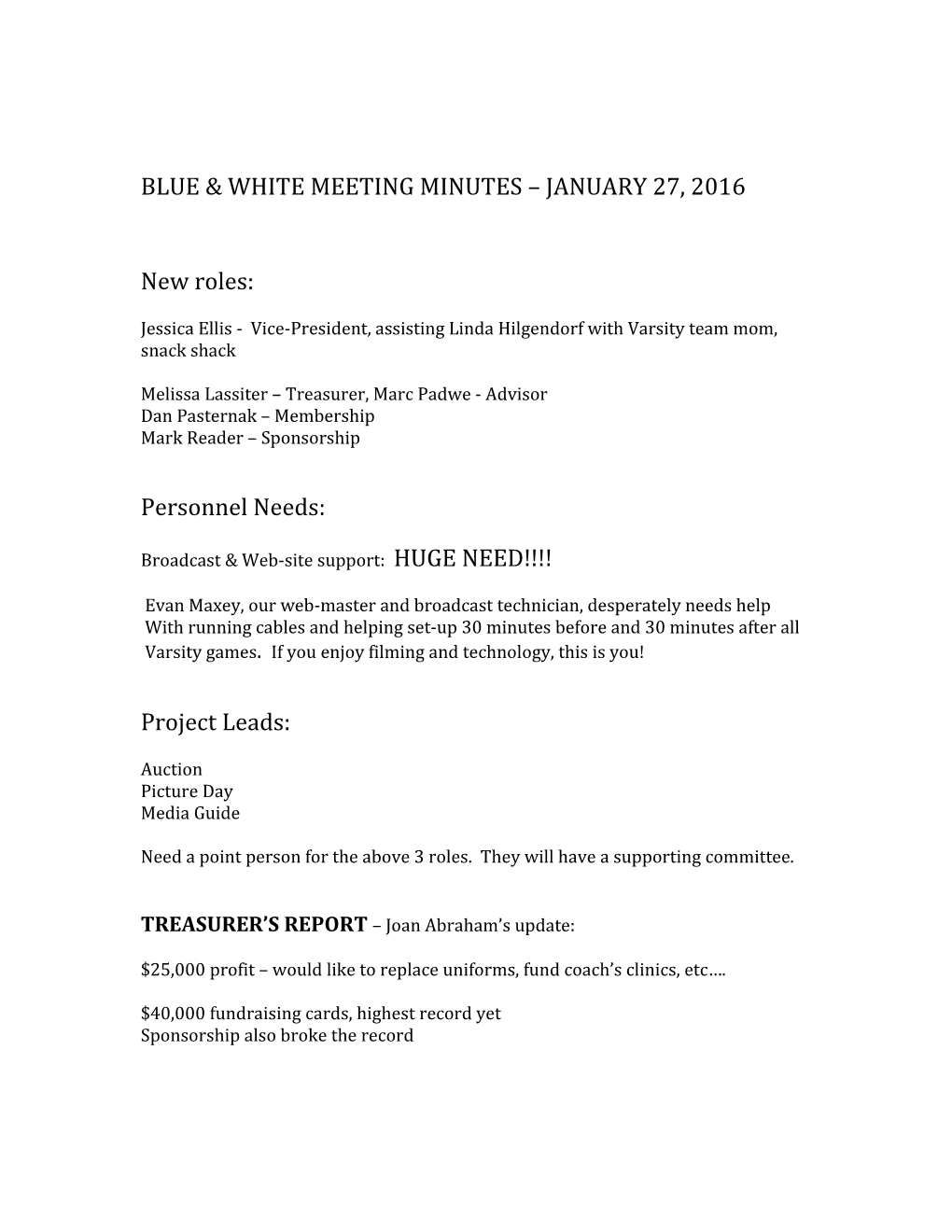 Blue & White Meeting Minutes January 27, 2016