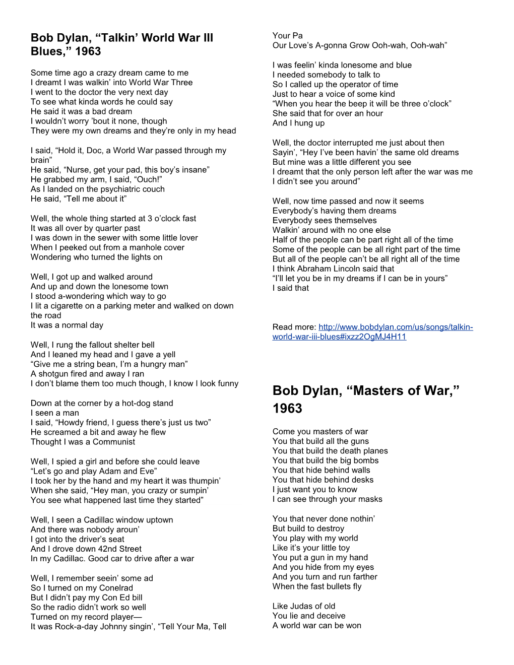 Bob Dylan, Talkin World War III Blues, 1963