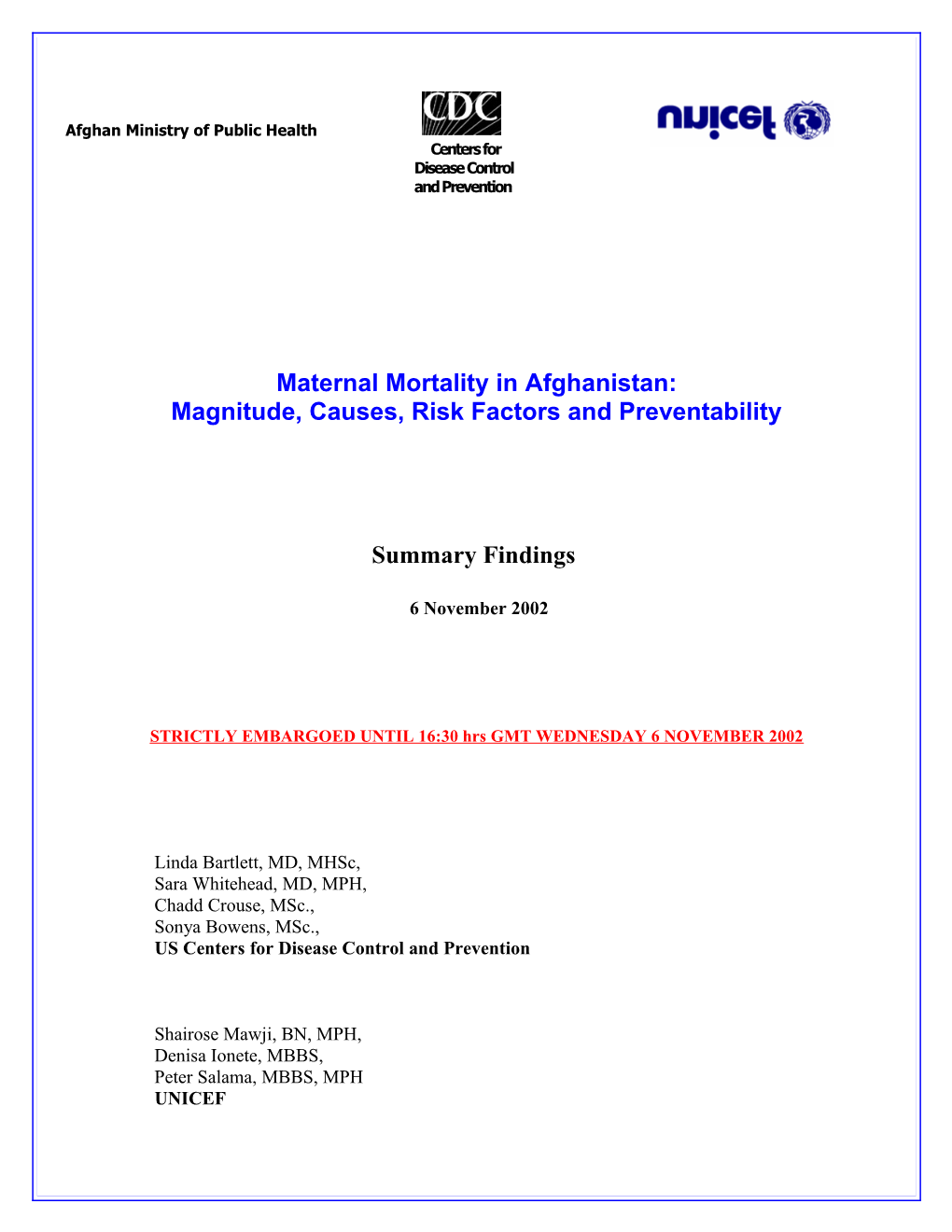 Maternal Mortality in Afghanistan