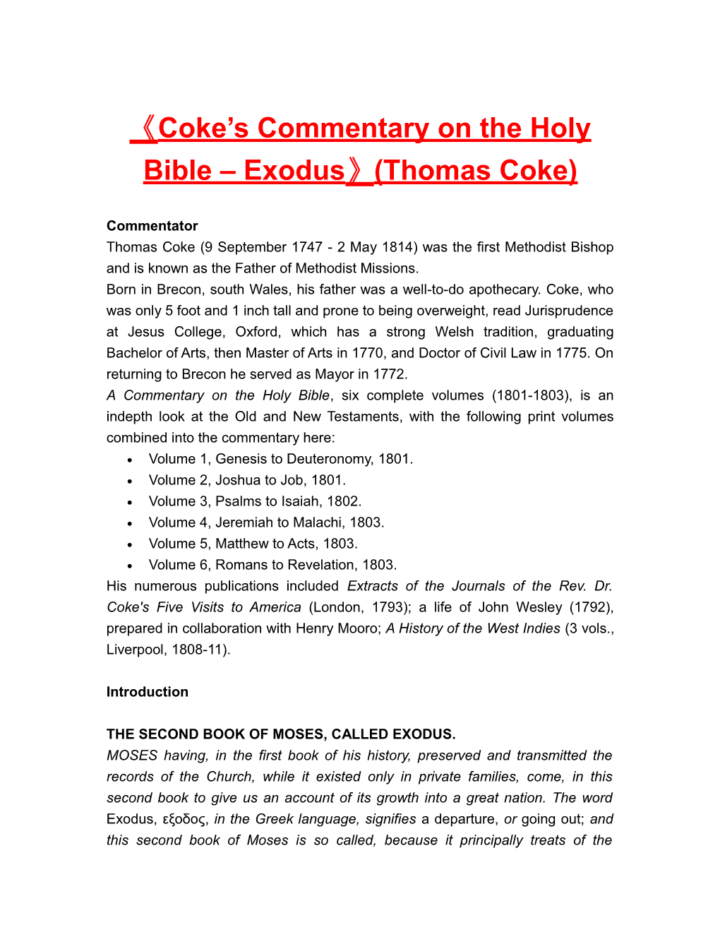 Coke S Commentary on the Holy Bible Exodus (Thomas Coke)