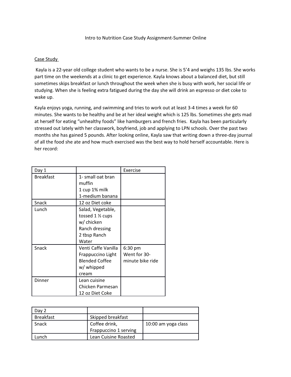 Intro to Nutrition Case Study Assignment-Summer Online