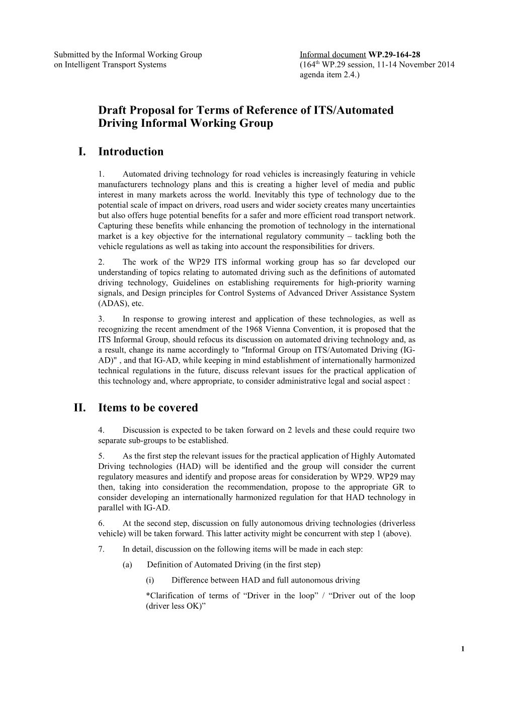 Draft Proposal for Terms of Reference of ITS/Automated Driving Informal Working Group