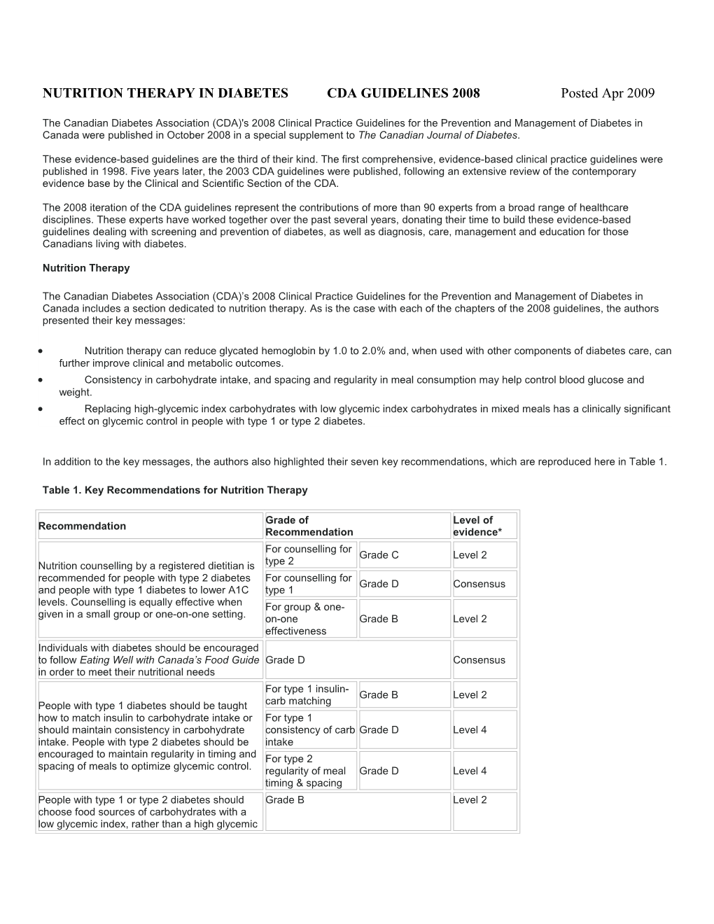 NUTRITION THERAPY in DIABETES CDA GUIDELINES 2008 Posted Apr 2009