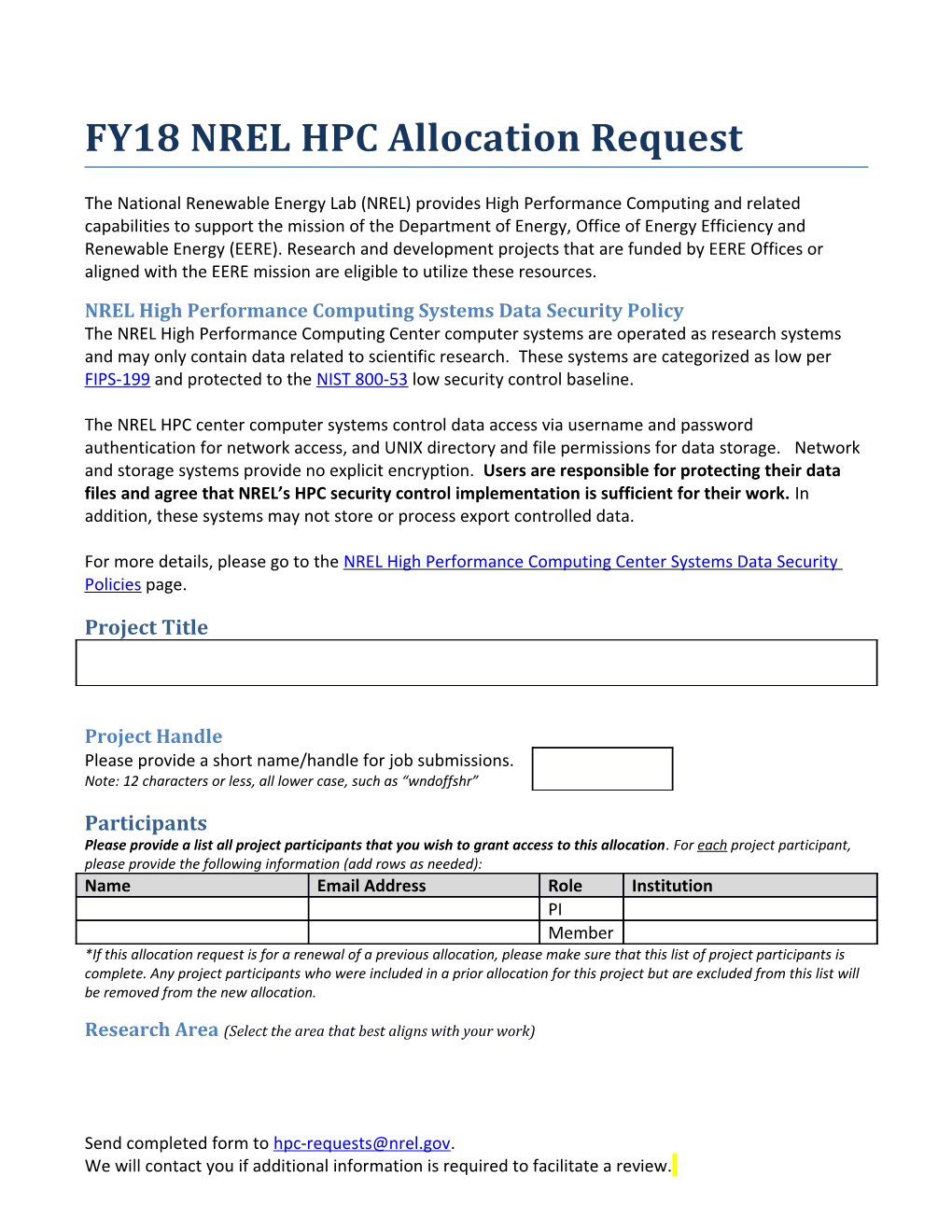 FY18 NREL HPC Allocation Request