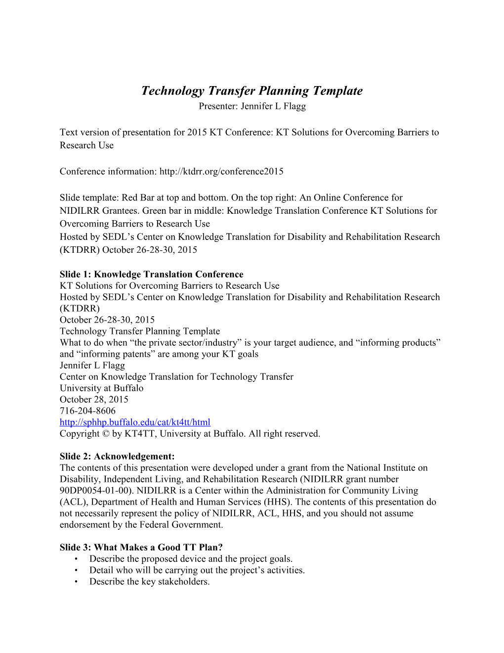 Technology Transfer Planning Template