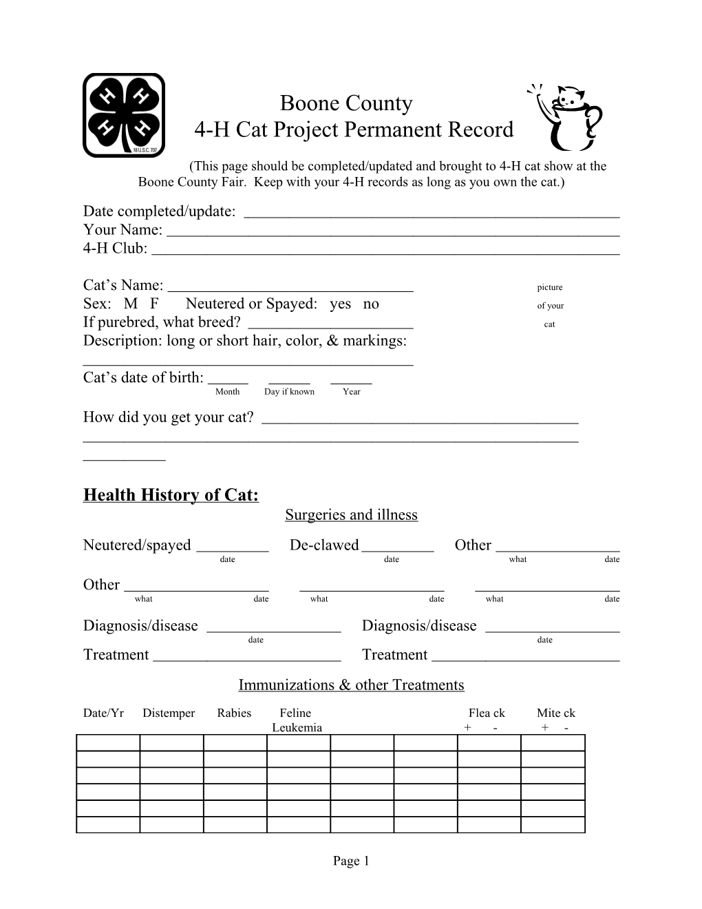 4-H Cat Project Permanent Record