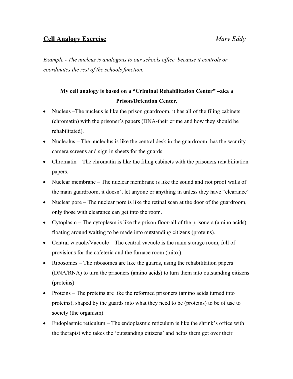 Cell Analogy Exercise