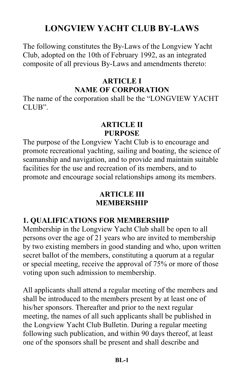 Longview Yacht Yacht Club By-Laws