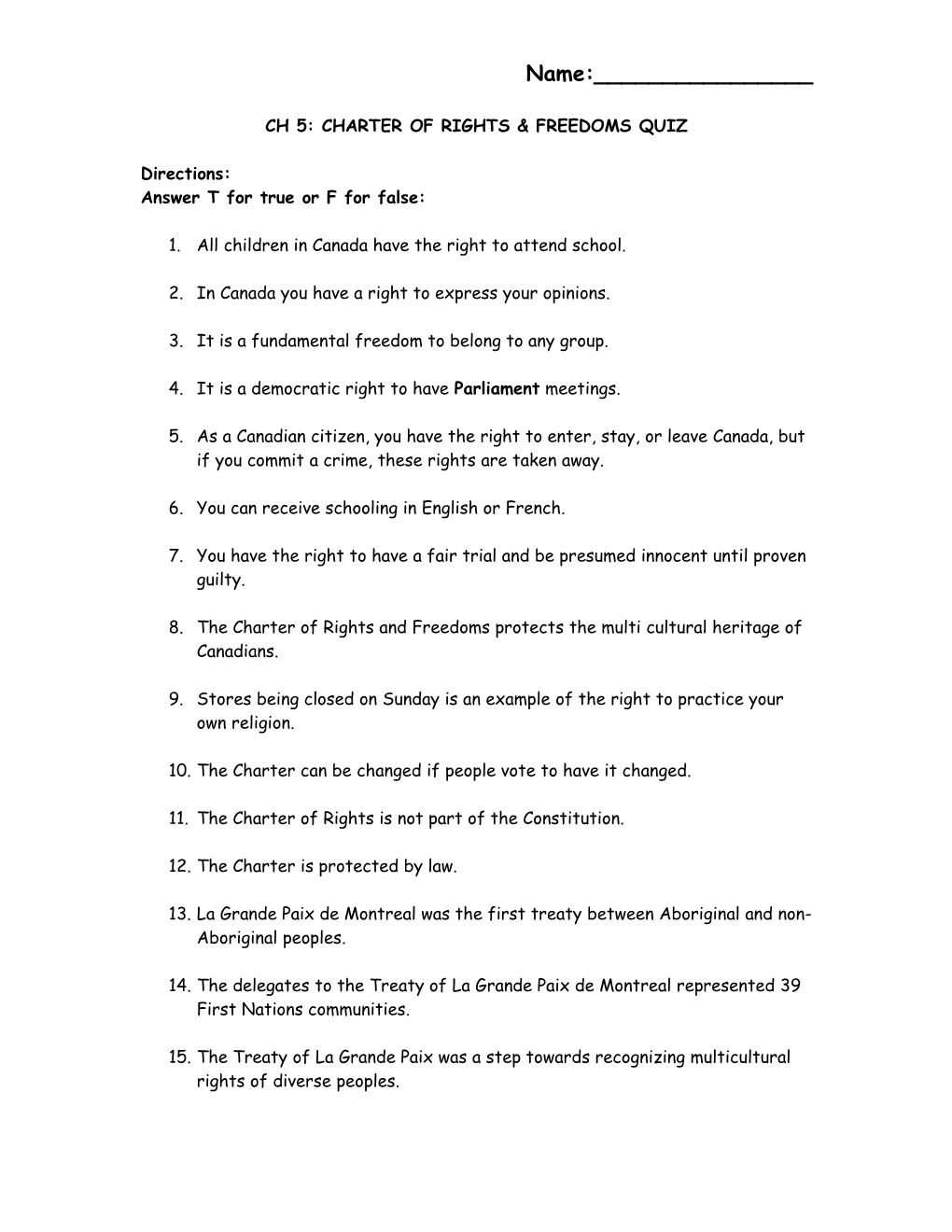 Ch 5: Charter of Rights & Freedoms Quiz