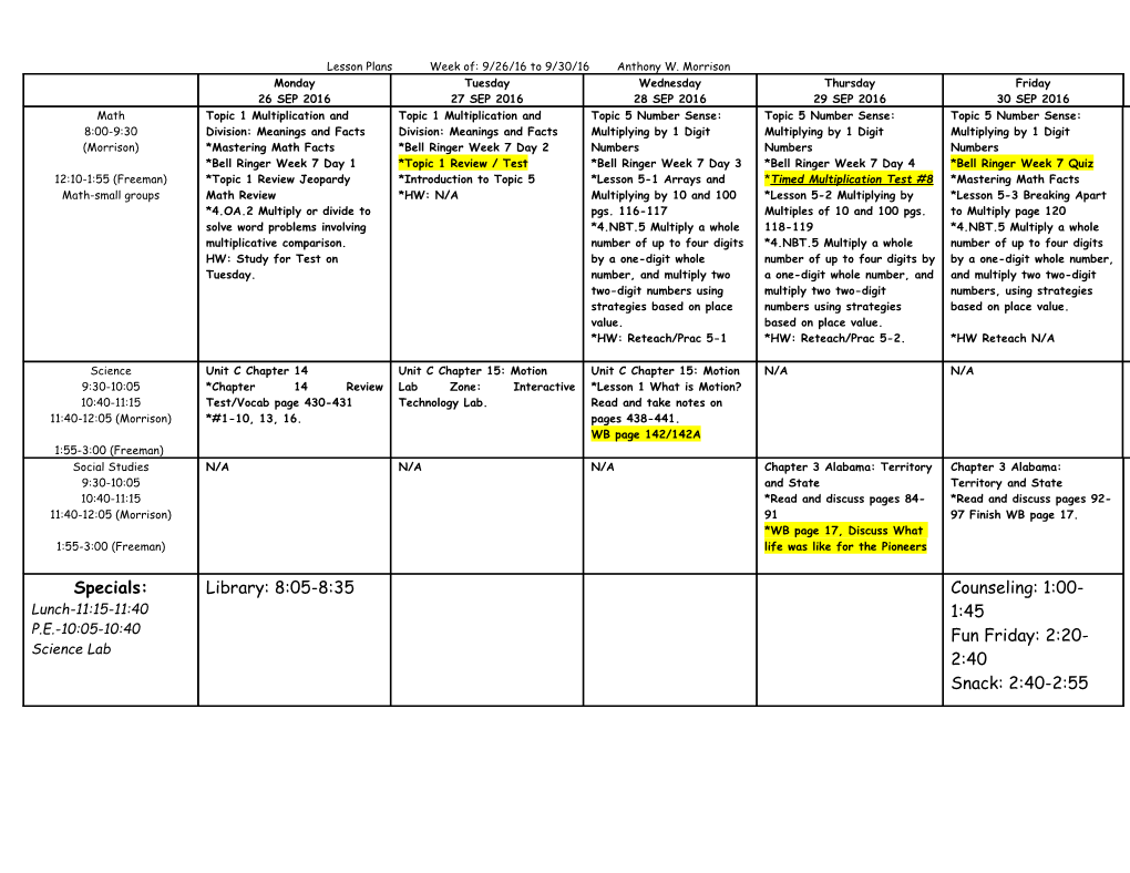 Lesson Plans Week Of: 9/26/16 to 9/30/16 Anthony W. Morrison