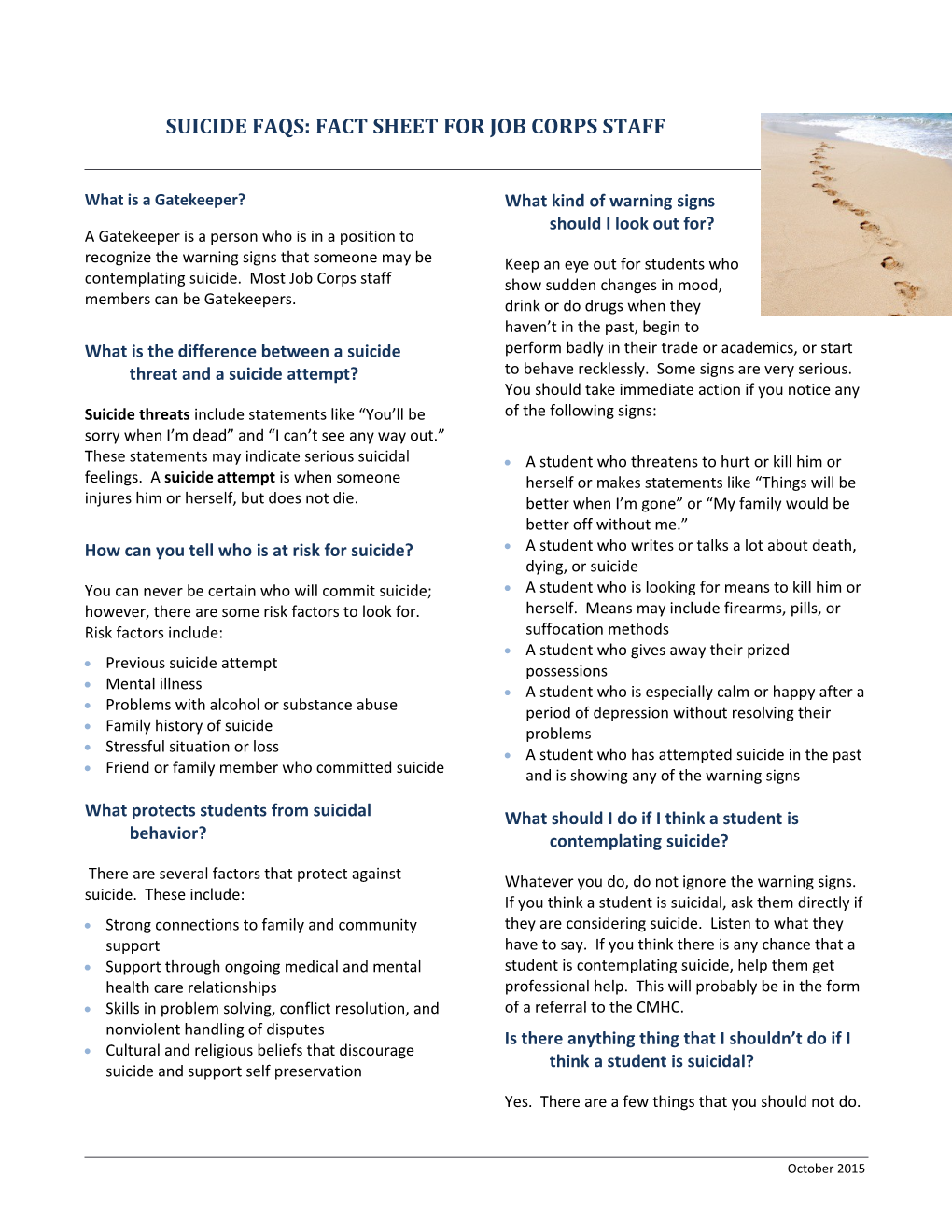 Suicide Faqs: Fact Sheet for Job Corps Staff