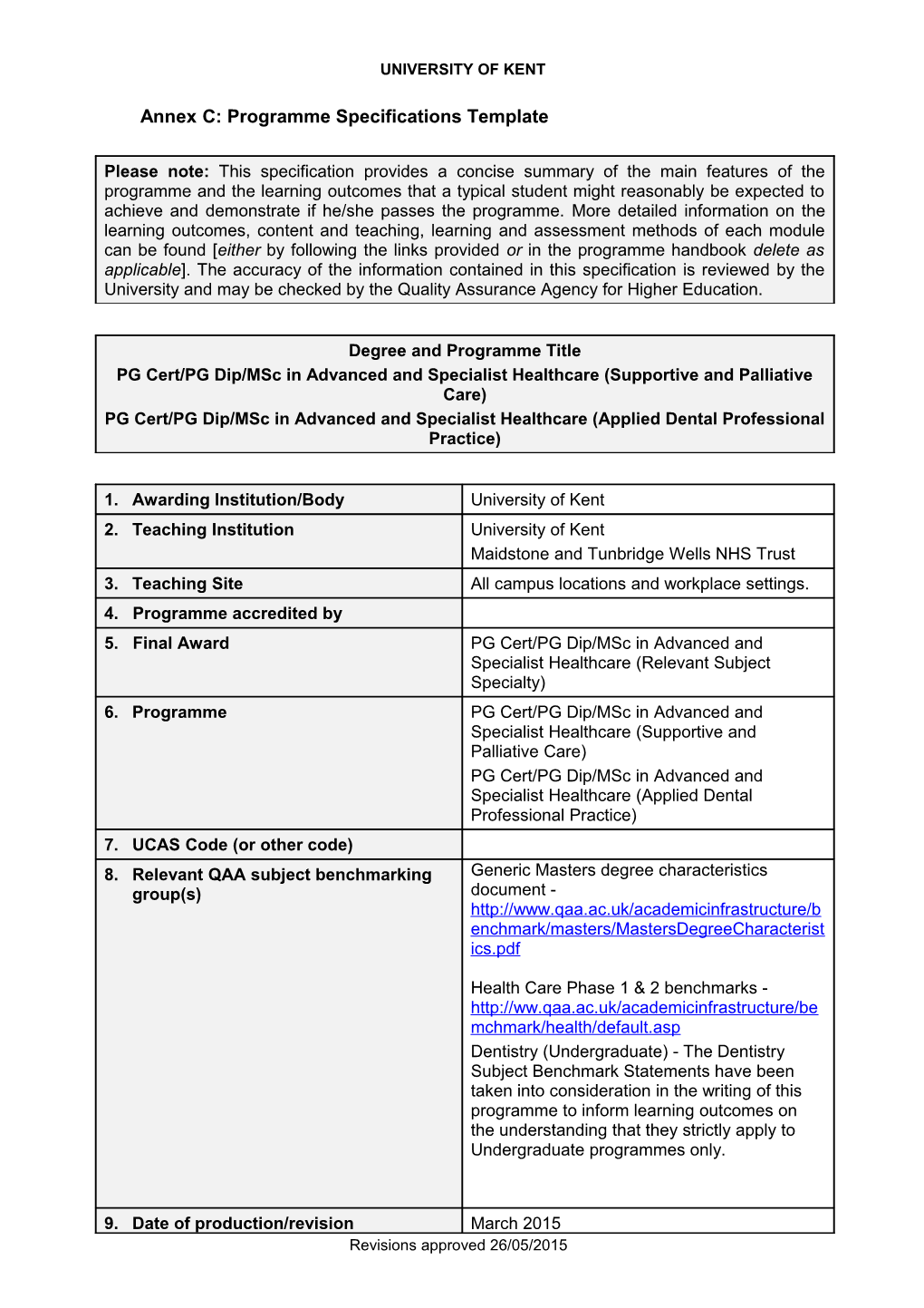 Annex C: Programme Specifications Template