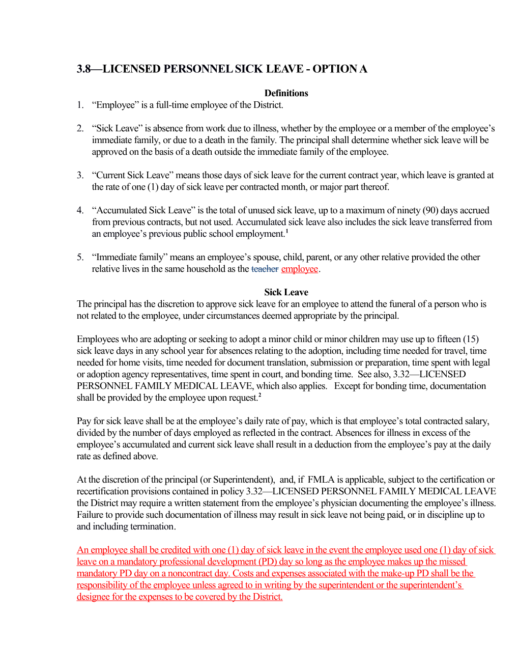 3.8 Licensed Personnel Sickleave - Option A