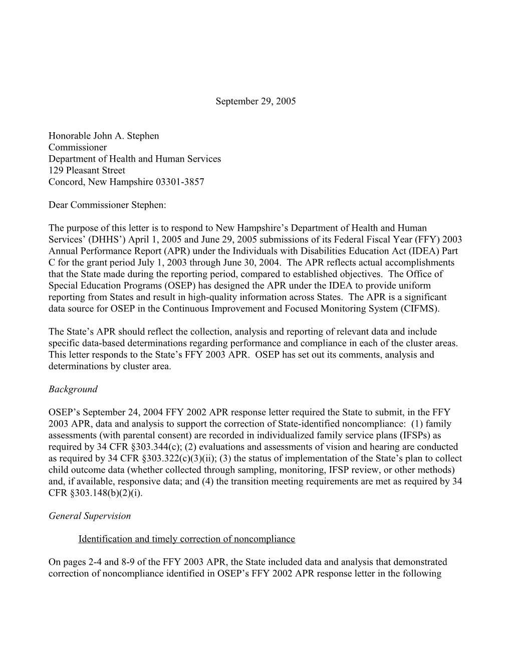 New Hampshire Part C APR Letter for Grant Year 2003-2004 (Msword)