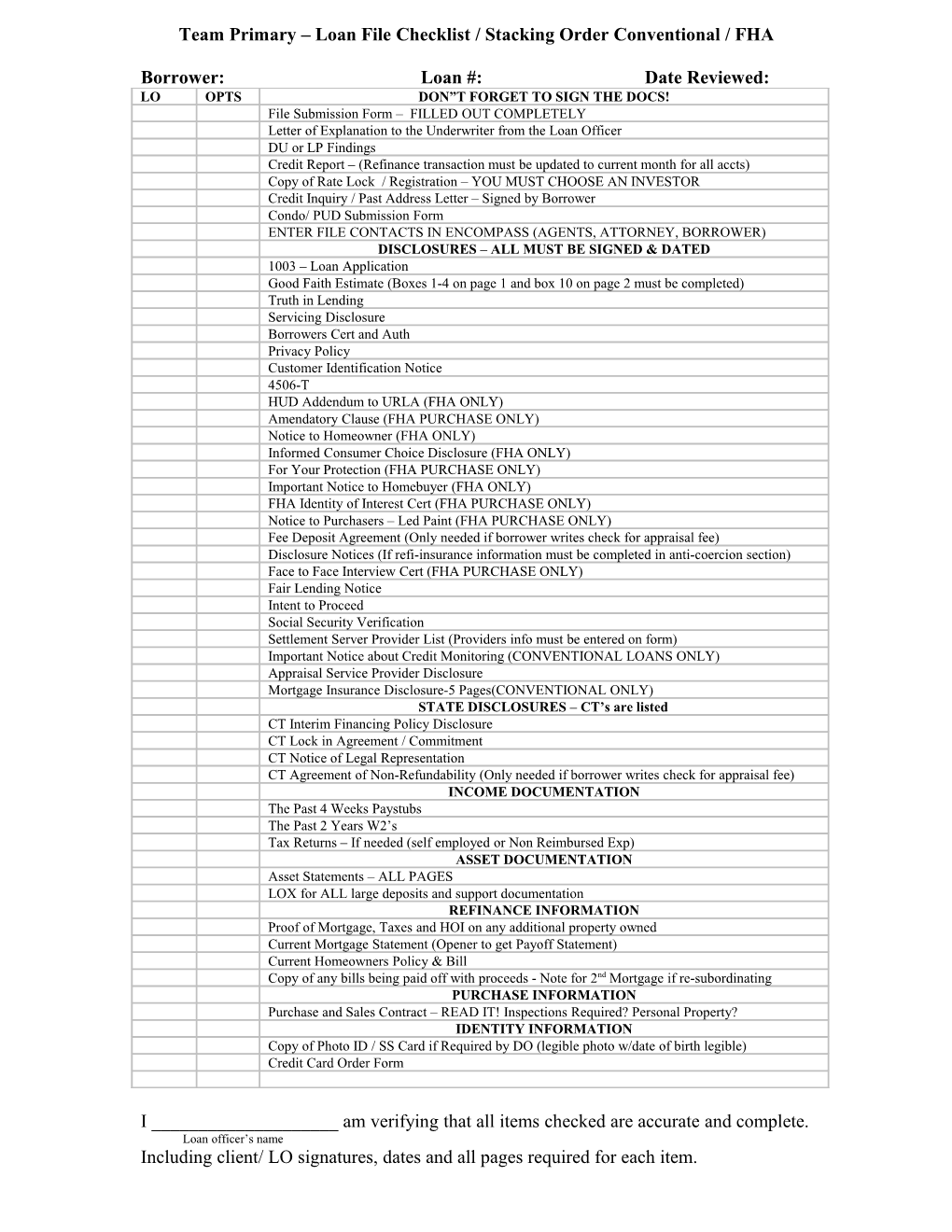 Loan File Checklist / Stacking Order