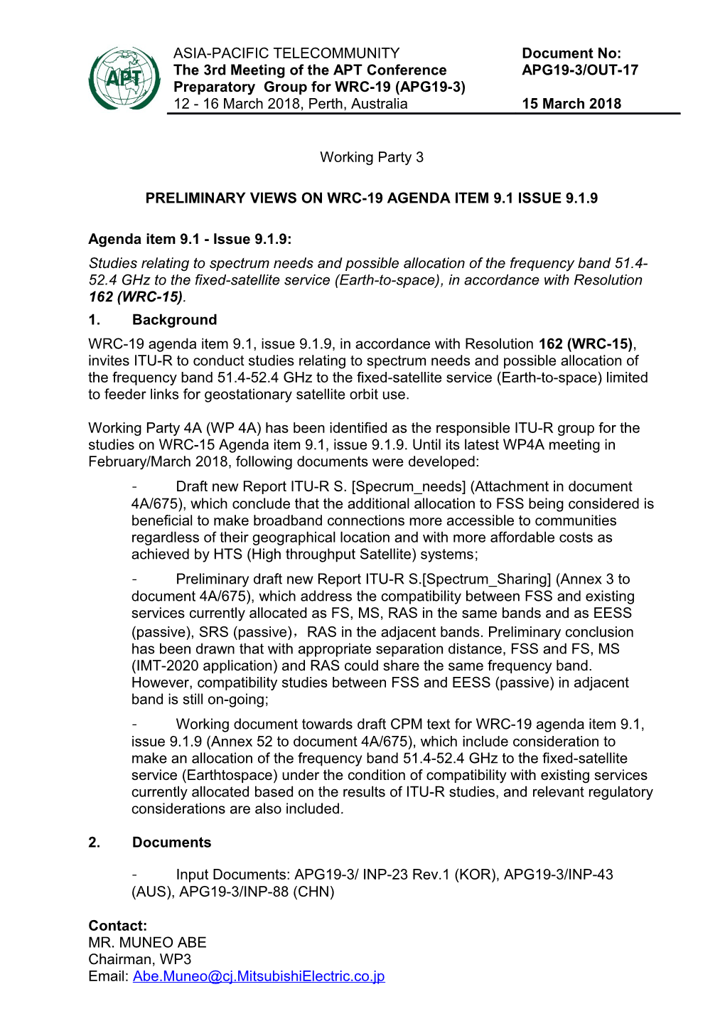 PRELIMINARY Views on WRC-19 Agenda Item 9.1 Issue 9.1.9