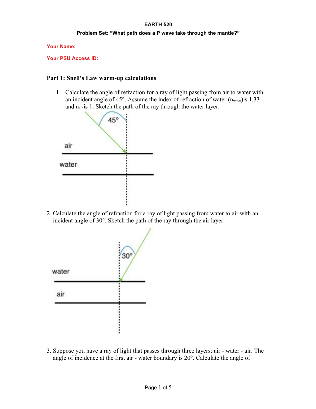 Part 1: Snell S Law Warm-Up Calculations