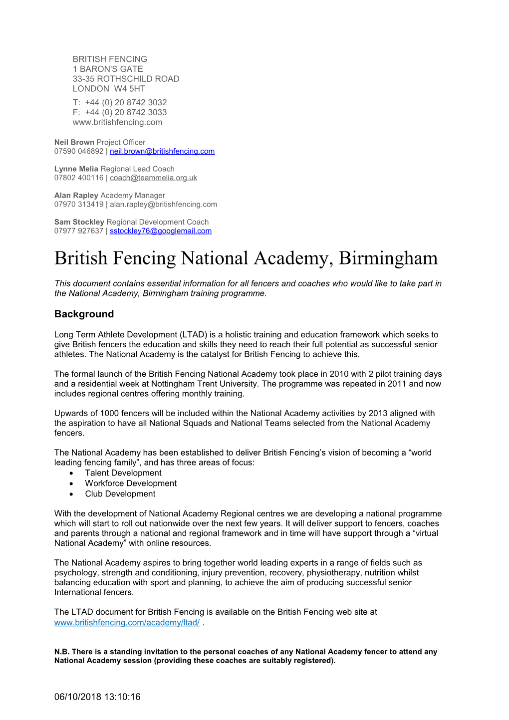 British Fencing National Academy, Birmingham