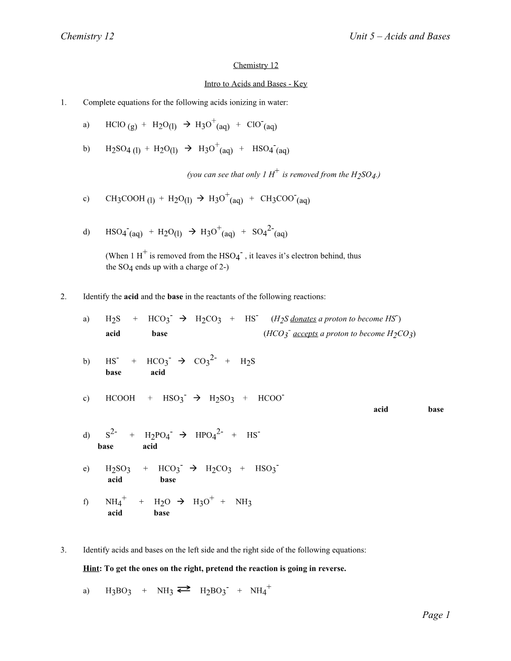 Chemistry 12Unit 5 Acids and Bases